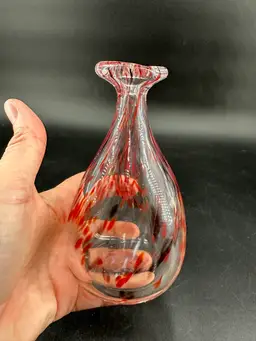 Glass Vase With Red And White. 5.5” Tall