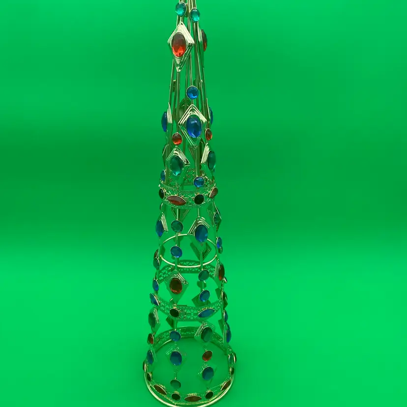 Decorative 18" Tall Gold-Tone Cone or Tree w Colorful Gems