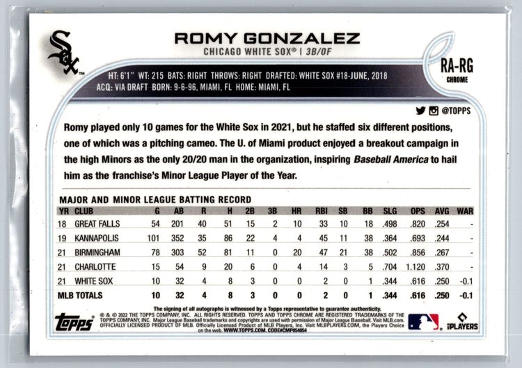 ​Romy Gonzalez 2022 Topps Chrome Rookie Autograph RC #RA-RG White Sox Auto