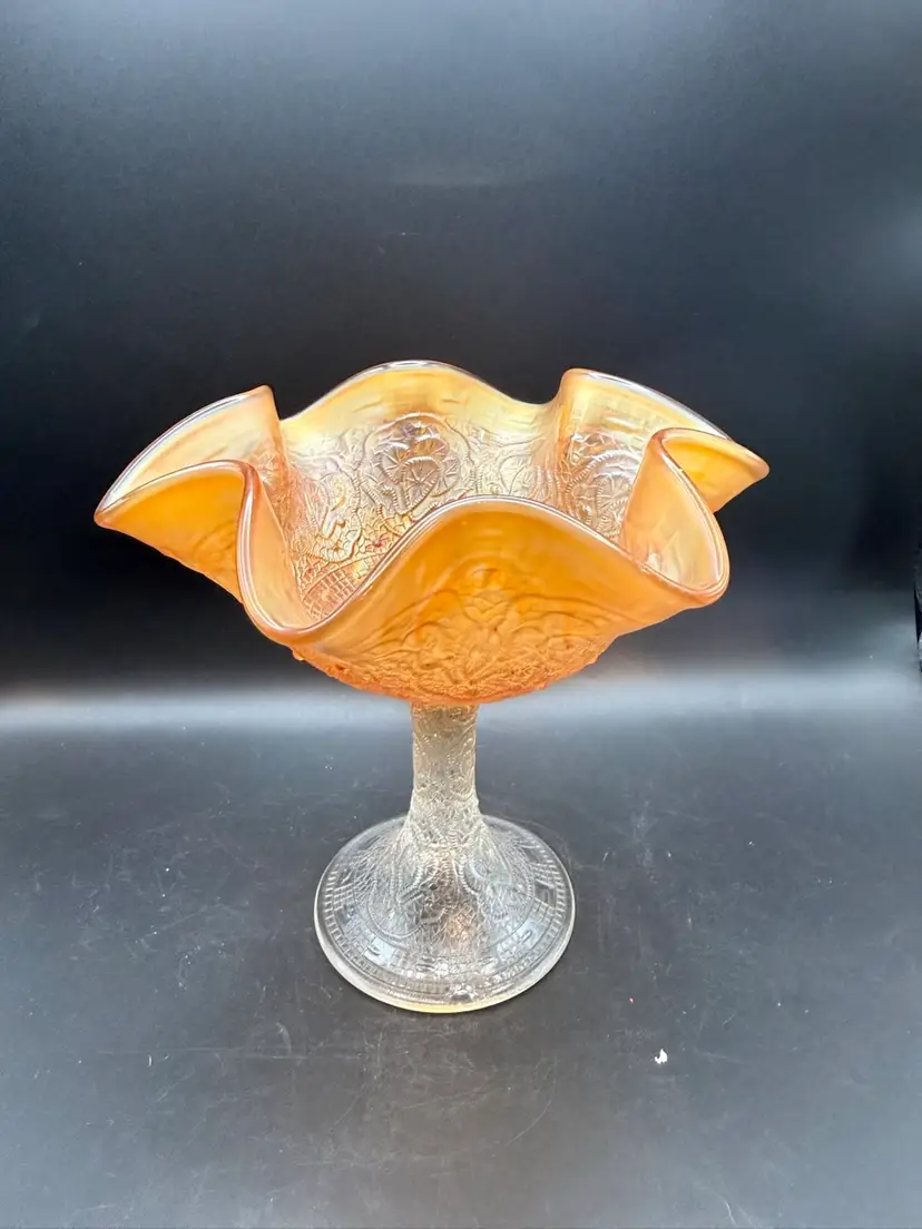 Fenton Peacock Feather Marigold Carnival Glass Ruffled Compote