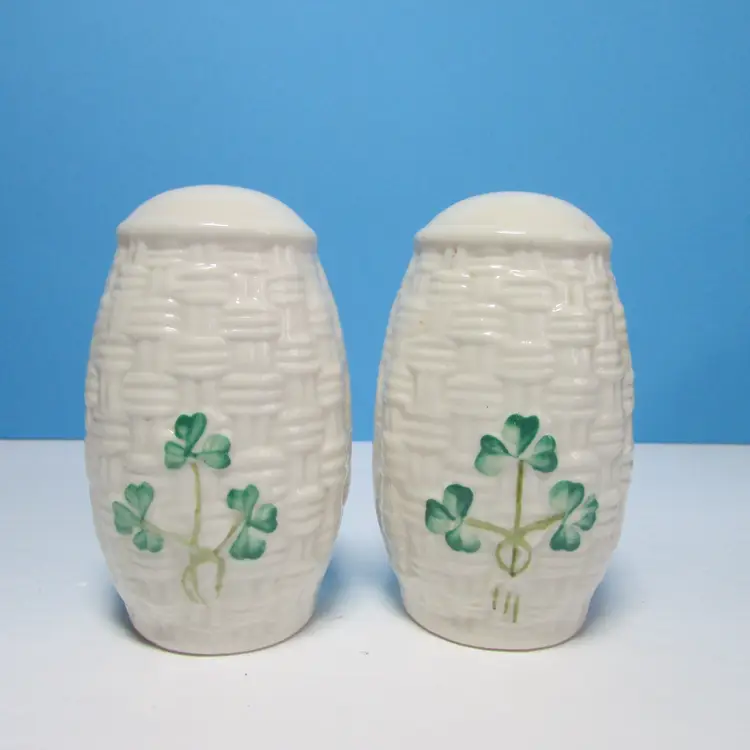 vintage Belleek basket weave shamrock clover Salt and Pepper Shakers made in Ireland 2000