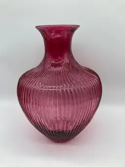 Pilgrim Cranberry Glass Ribbed Vase 8" tall, Vintage MCM