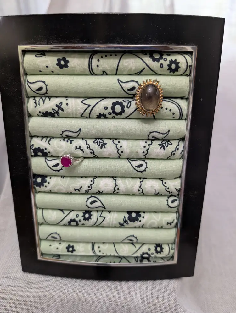 Black Repurposed Frame with light green Bandana material for rings and brooches
