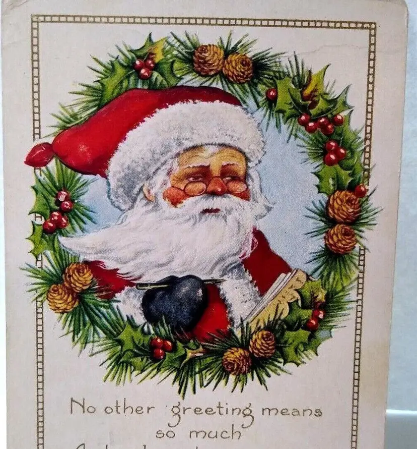 Christmas Postcard Santa Claus Behind Decorated Wreath 1923 Whitney Vintage