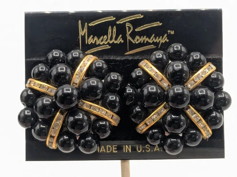 Vintage Marcella Romaya Black Beaded Rhinestone Clip-On Earrings NOS
