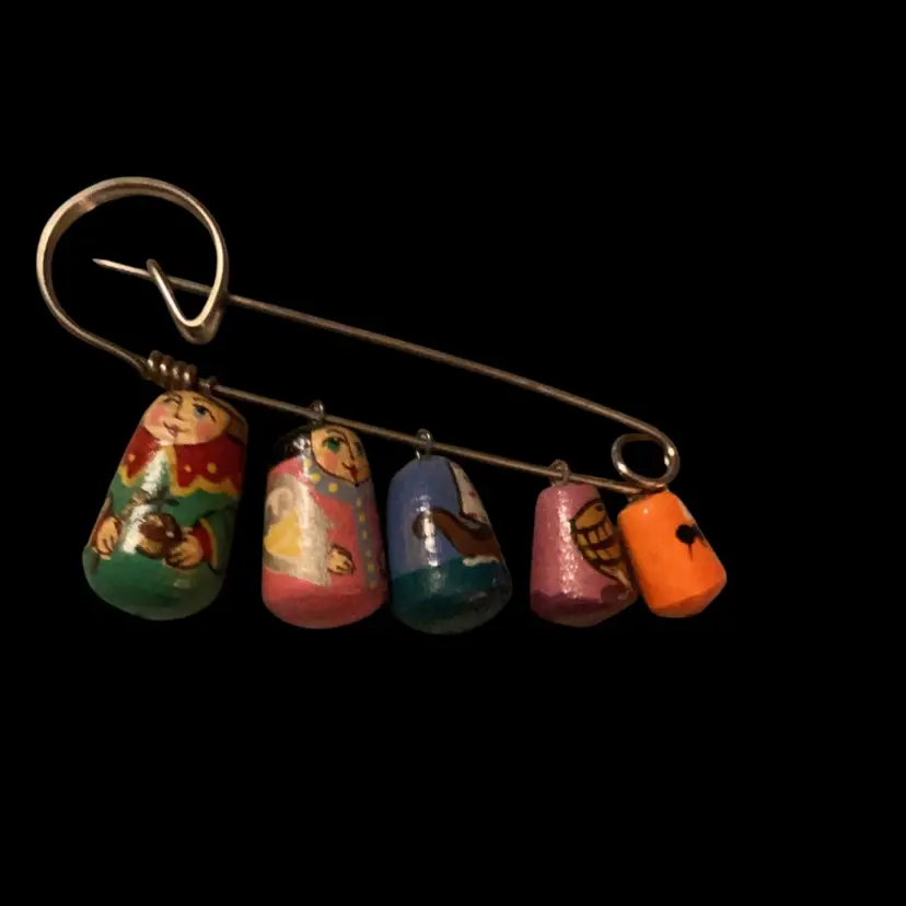 Vintage Russian Wooden Matryoshka Nesting Doll Hand Painted Charm Brooch