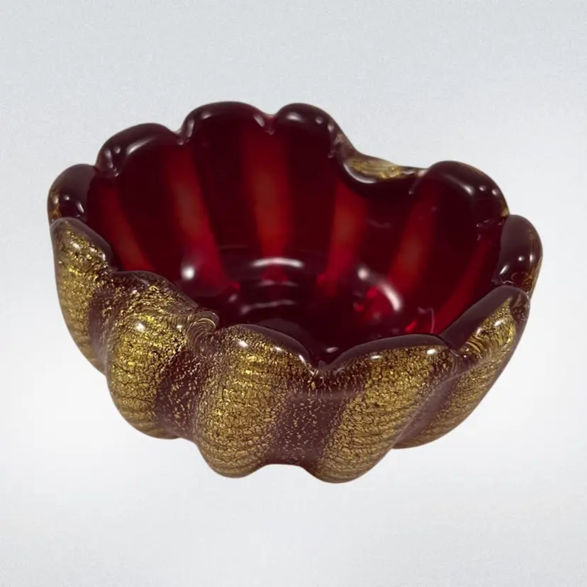 Barovier & Toso Murano Cordonato d’Oro Gold Leaf Red Glass Ashtray, Christmas Decor, Murano Glass Trinket Dish