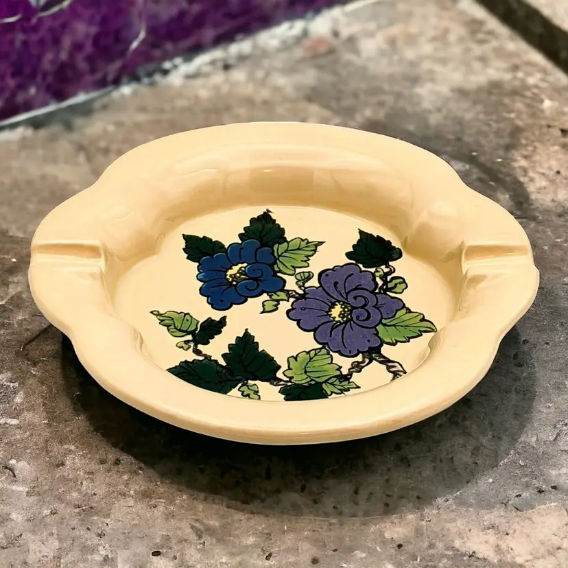 Vintage Haeger Purple Flowers Green Leaves Pottery Ashtray Trinket Dish #2155