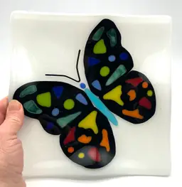 04 - Fused Glass Butterfly Wavy Edge Trinket  Dish Plate 8”