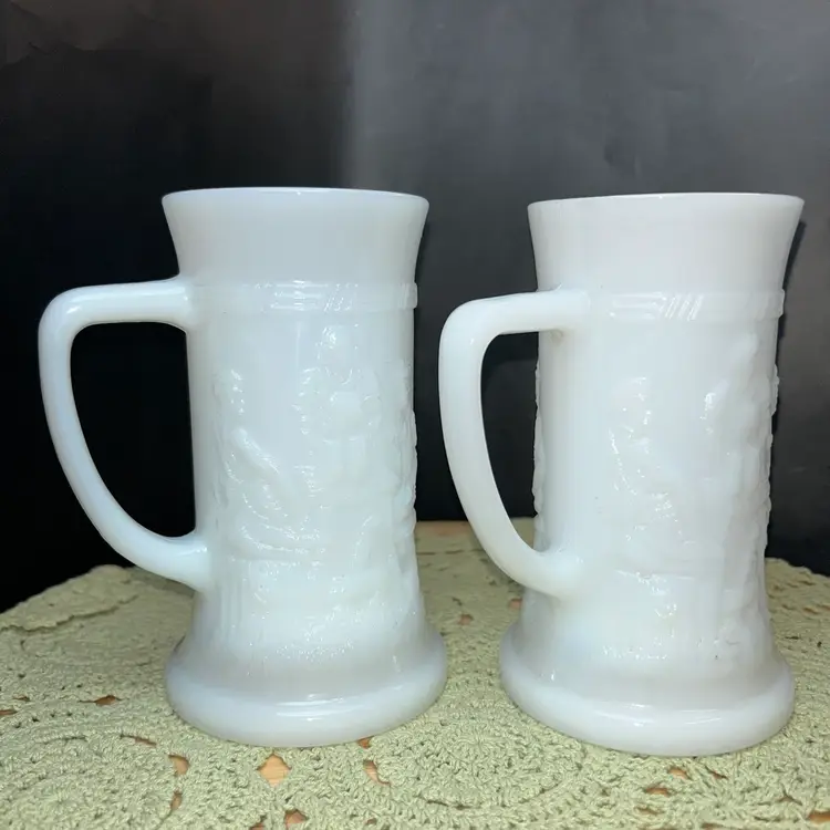 Vintage Federal White Milk Glass Beer Mug/Stein/Tankard With Embossed Tavern Scene (Pair)