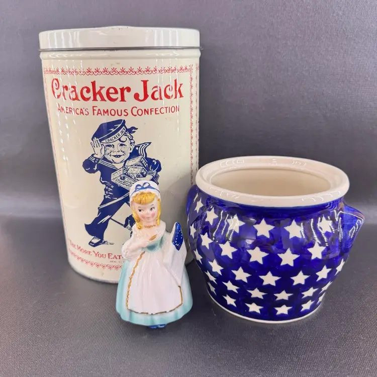 Let Freedom Ring Collection 🇺🇸 - Vintage Cracker Jack Tin, Polish Pottery, And Betsy Ross Shaker