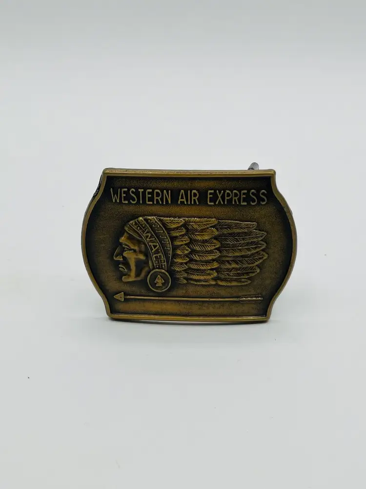Western Air Express Belt Buckle (B8C) Bronzed Cast Metal WAE Indian Chief