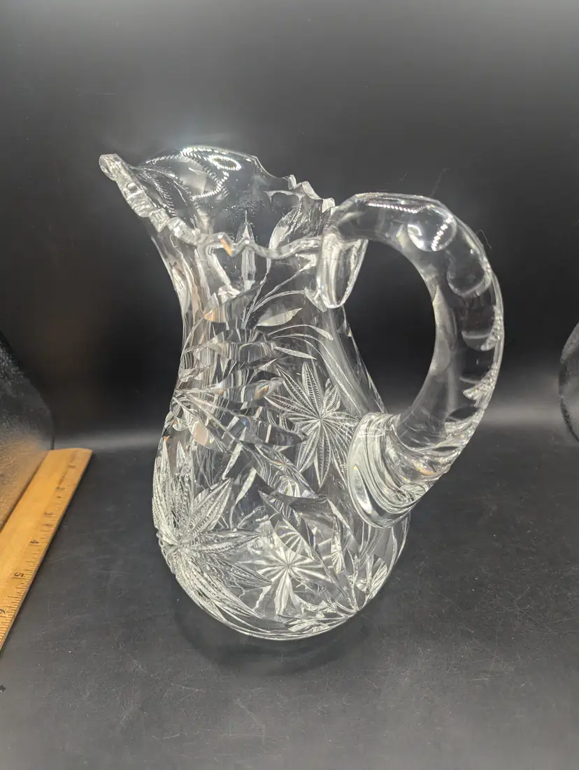 Cut Glass Crystal Pitcher Very Heavy Floral Design.