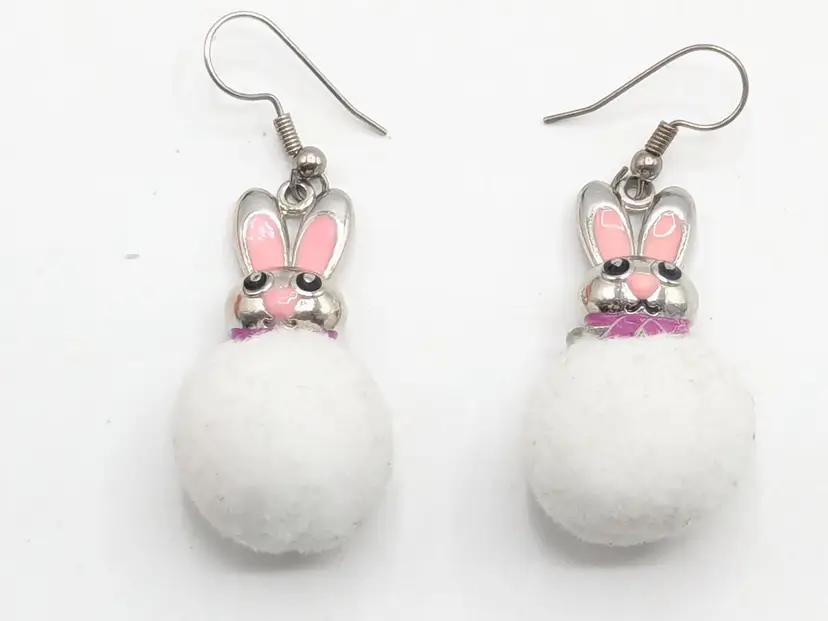 Bunny Rabbit Pink Silver Tone Dangle Earrings Easter Jewelry