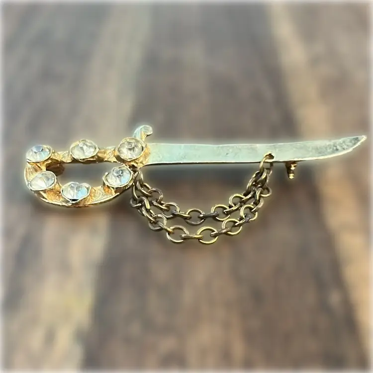 Vintage 3” Gold Tone Sword W/ Faceted Rhinestones