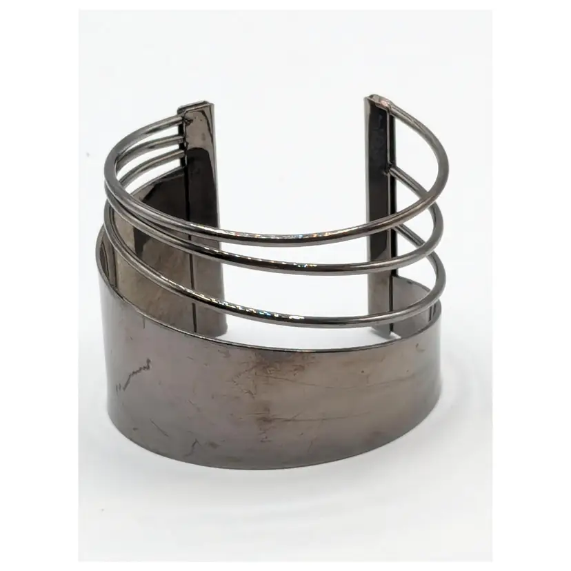 Dark Silver Tone Linear Cuff Bracelet Modern