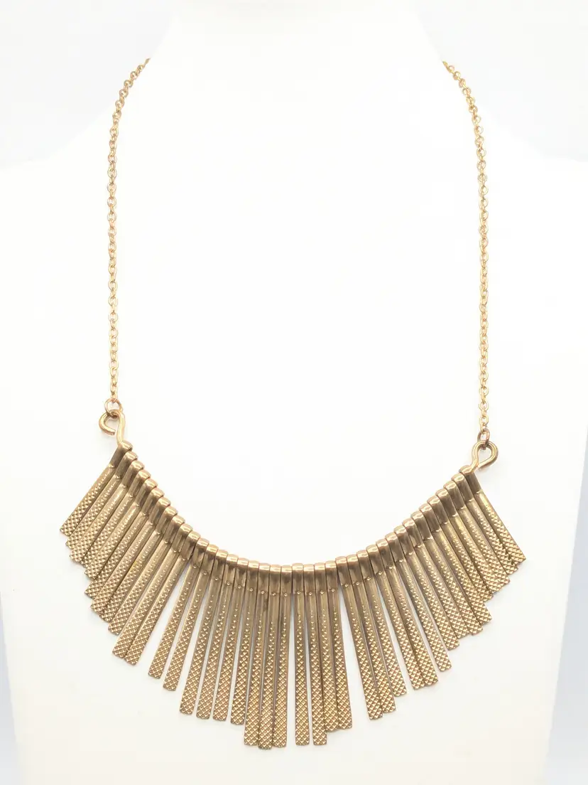Gold Tone Fringe Textured Statement Necklace Jewelry