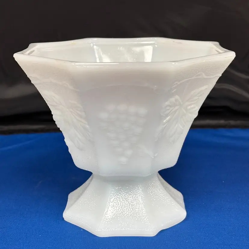 Anchor Hocking White Milk Glass Octagon Pedestal Dish Grape Pattern NO LID