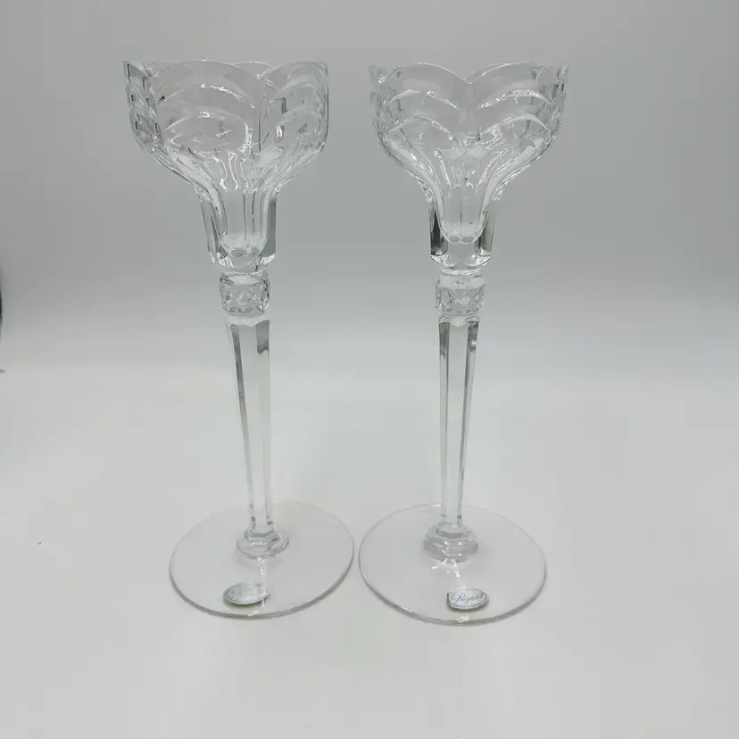 Rogaska Crystal Scalloped Wave Tall Candlestick Holders 10 1/2in Clear Vintage