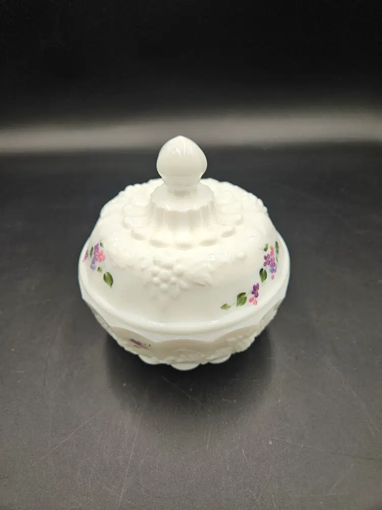 Fenton Milk Glass Violets Lidded and Signed Dish