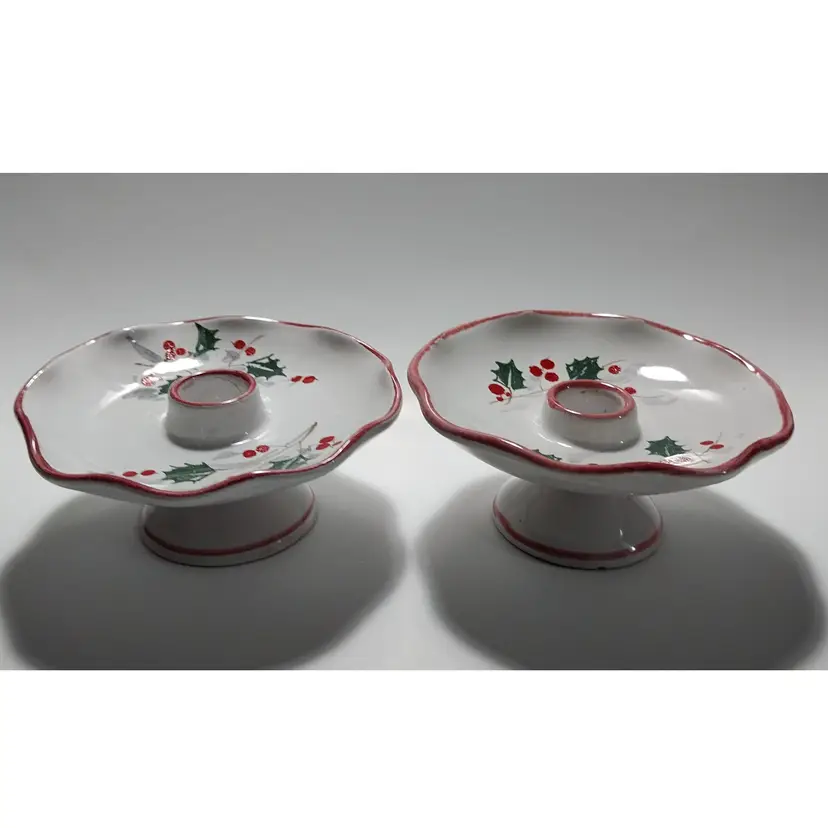 Vintage Italian Pottery Christmas Holly & Berry Footed Candleholder Set, Rare!