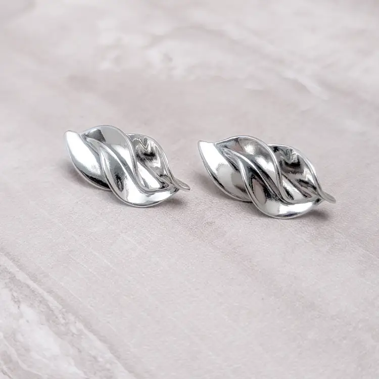 Vintage Clip On Earrings Large Silver Tone Twisted Leave Statement Glam