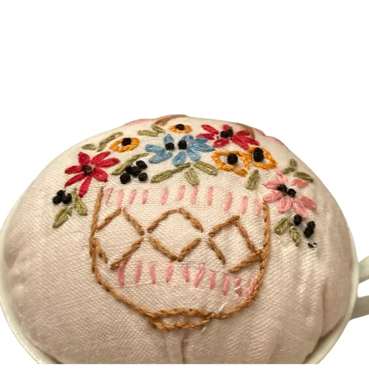 Tea Cup With Victorian Woman Painted On It Made Into A Hat Pin Holder