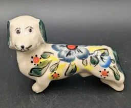 Polish Pottery Dog Figurine Dachshund Hand Painted Floral Excellent 4" Long