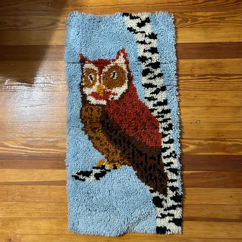 Vtg Latch Hook Owl Rug Wall Hanging