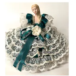 Handmade Wicker Basket Clamshell Shaped Girl Doll Figurine Teal Dress Lace 11 in