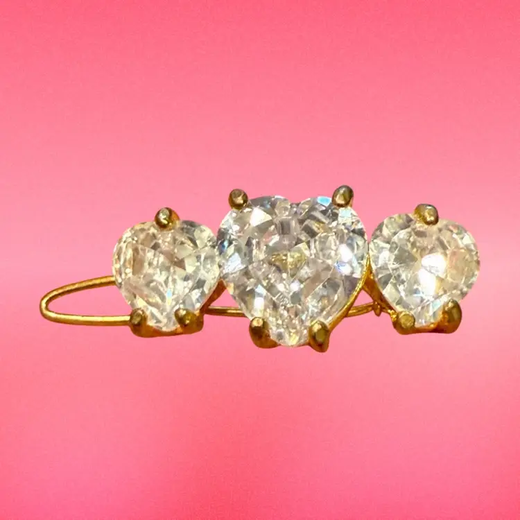 Vintage 1980’s GoldTone Triple Faceted Heart Rhinestone Barrette 1.5”