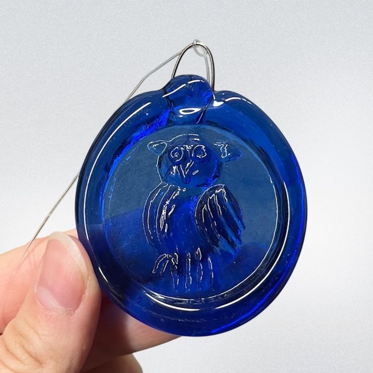 Pressed Blue Glass Owl Ornament, Embossed Glass Owl Suncatcher