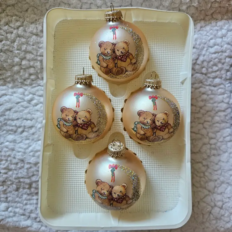 Vintage 4 Christmas by Krebs Teddy Bear Glass Ornaments 2.5"D Glitter