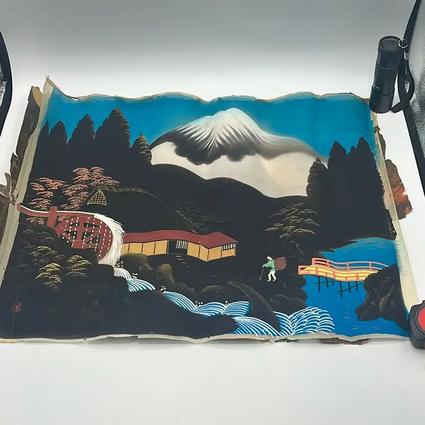 Japanese Mt. Fuji Silk Textile Painting Vintage Unframed AS IS