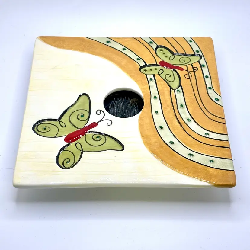 Bella Casa By Ganz Butterfly Square Ikebana Floral Frog Vase 7”