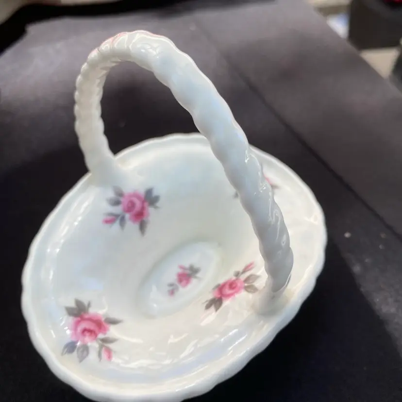 Vintage Gainsborough Bone China Basket Dish Pink Roses Twisted Handle H976 Made in England Trinket Candy Dish