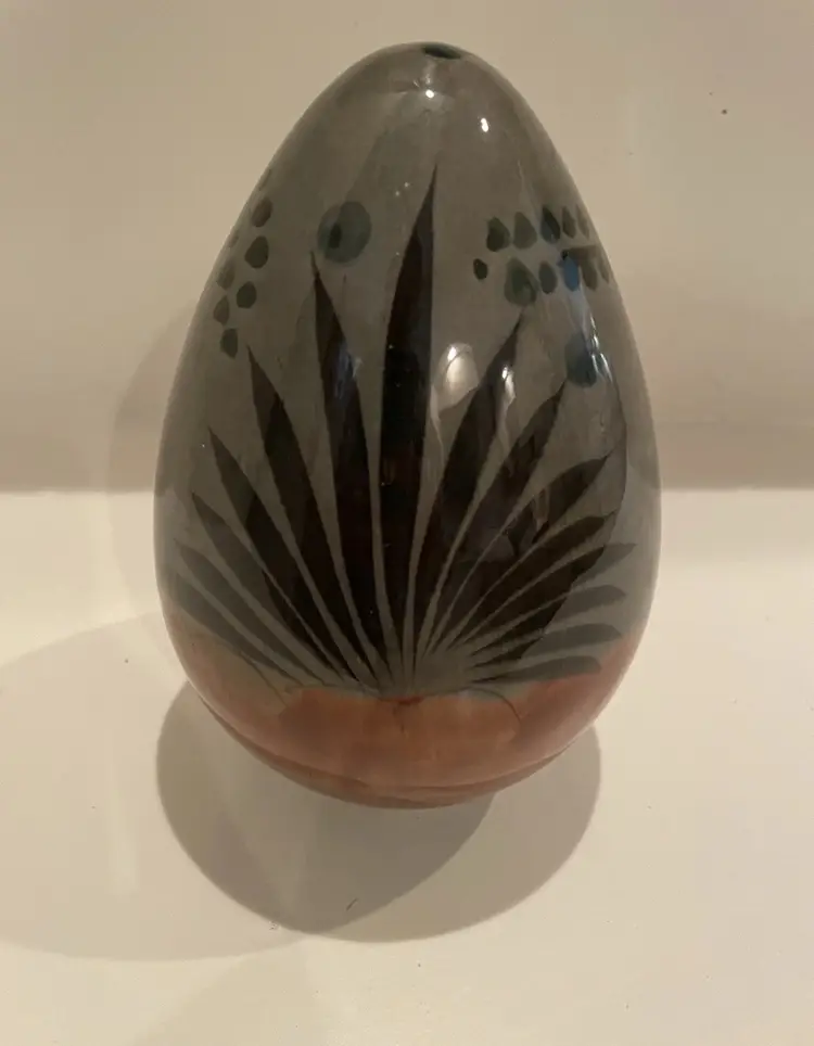 Telvara Mexican Pottery Egg Shape Handmade/Painted Folk Art Cactus Floral Bird