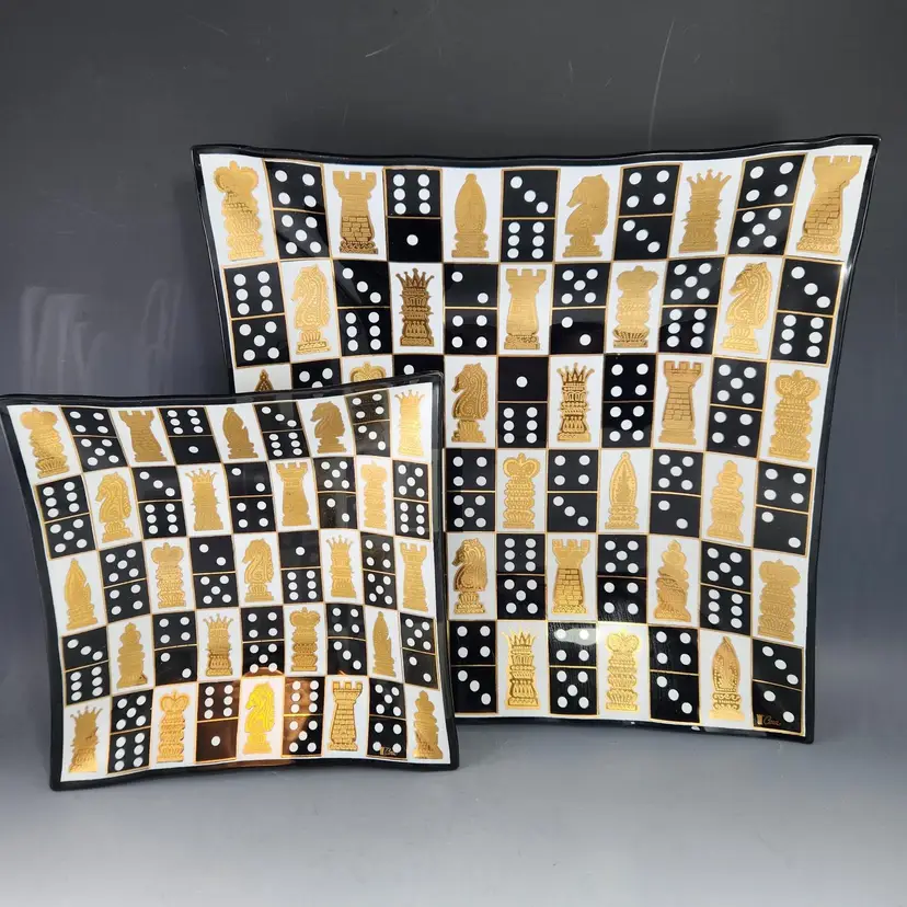 Rare Cera Glass Matching Square Trays Set of 2 in 24K Gold Trim Games Theme Chess & Dominoes 1950s MCM Barware USA