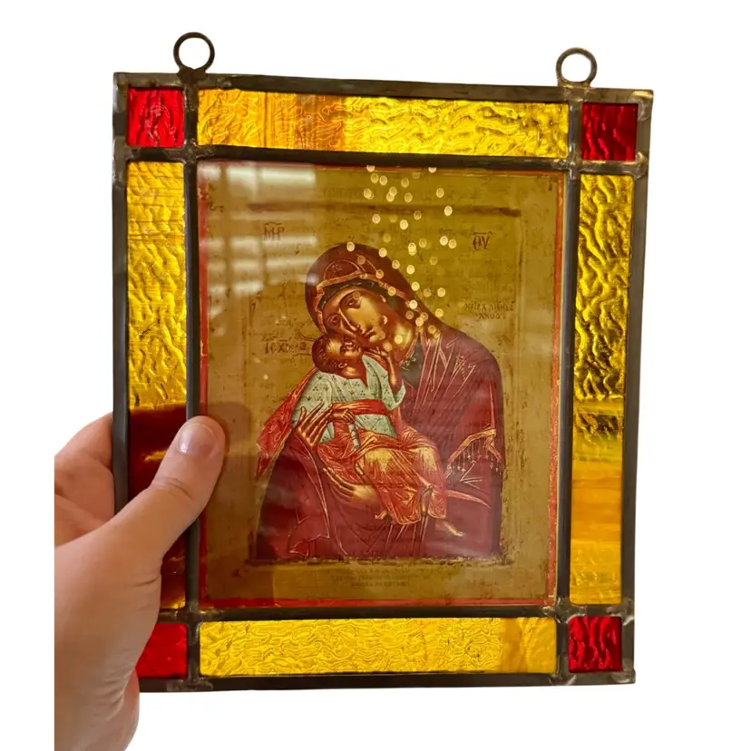 70's Vintage Virgin Mary Greek Orthodox Icon, Stained Glass Wall Hang, Greece