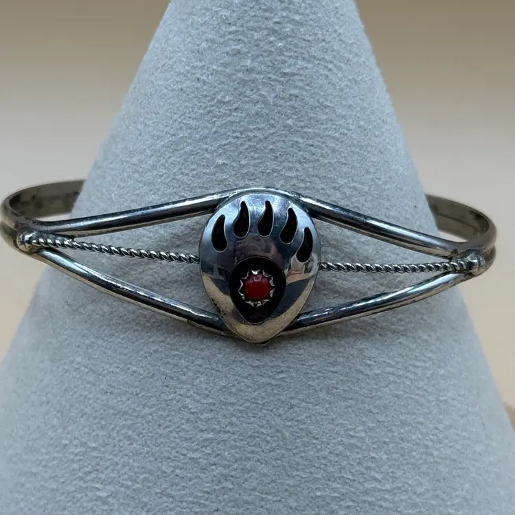 Native American Coral Bear Paw Sterling Silver Cuff 6.25” Unmarked Tested