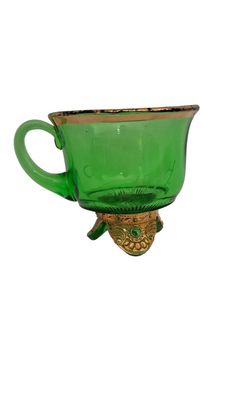 Antique 1914 U.S. Glass Colorado Lacy Medallion Souvenir Cup – Green EAPG Gold Footed Punch Cup – Etched “Ida”