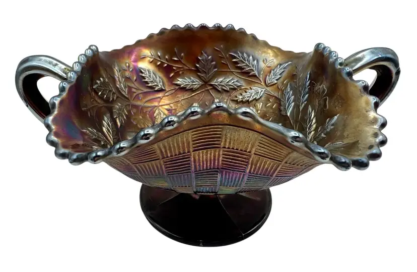Vintage Northwood Amethyst Carnival Glass Fruits & Flowers Pedestal Bonbon Dish