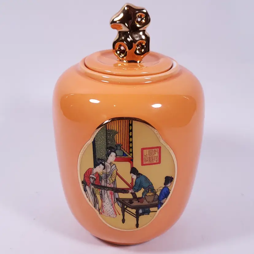 Vintage MCM CHINESE QIANLONG Traditional Women Orange Gold Porcelain GINGER JAR