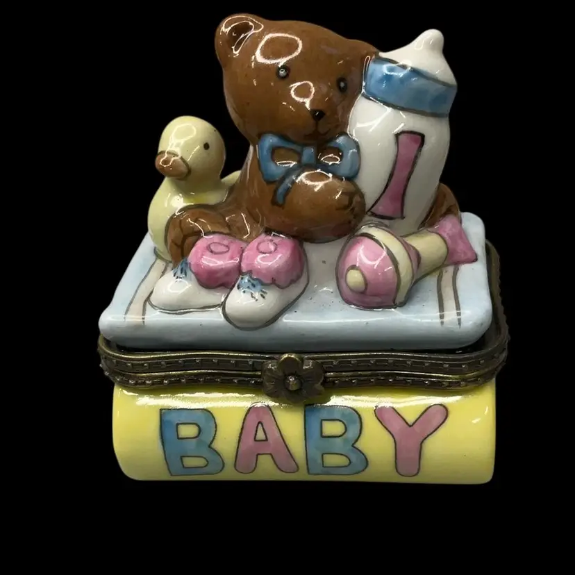 Baby Themed Trinket Box with Bear and Duck Baby Teddy Bear Trinket Box Porcelain 3” X 1.75”