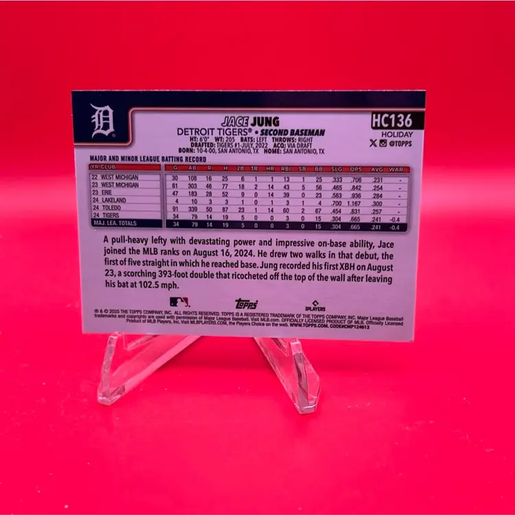Jace Jung 2025 Topps Holiday Base Chrome Parallel Green Refractor RC 28/99 Detroit Tigers