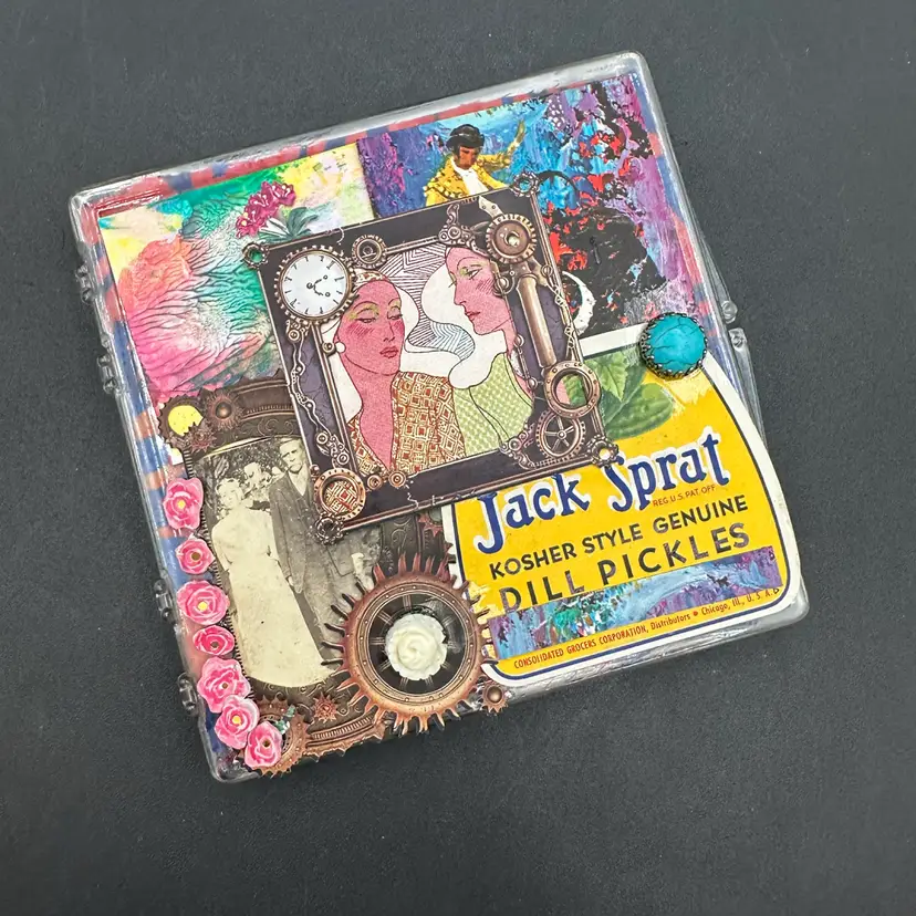 “Pickles & Pals” Handcrafted Mixed Media Shallow Treasure Box, Made By Me Amanda Montague 4.75” Square