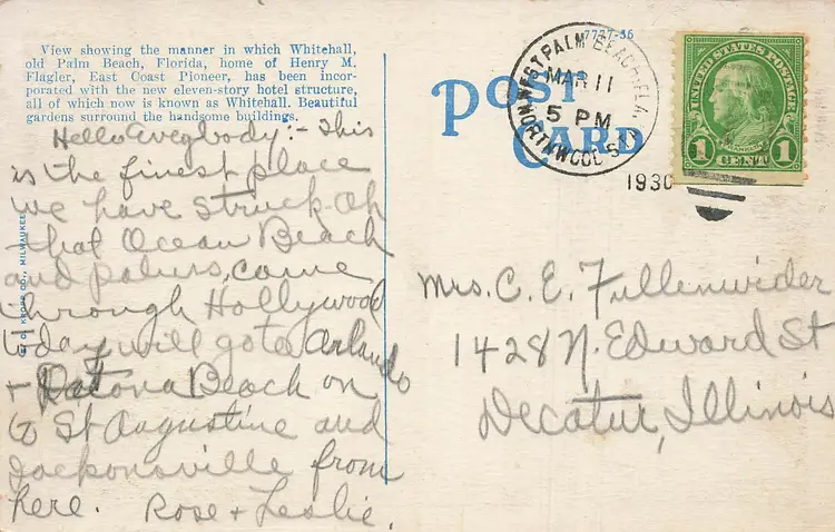 PALM BEACH FLORIDA~THE WHITEHALL~ANTIQUE VINTAGE POSTCARD