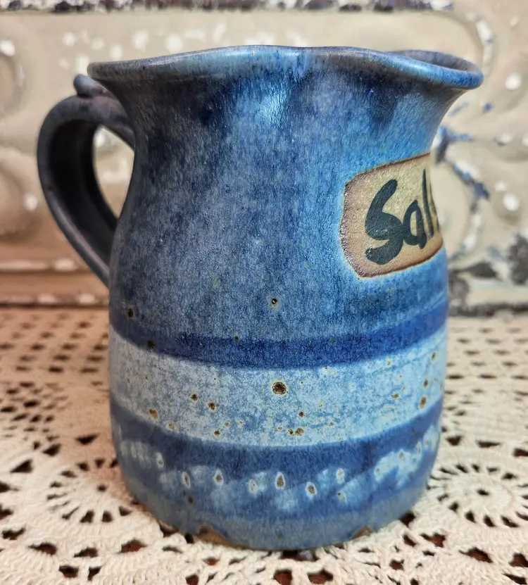 Signed Zappa Studio Pottery Colorado Hand Crafted Small Salsa Pitcher Blue White