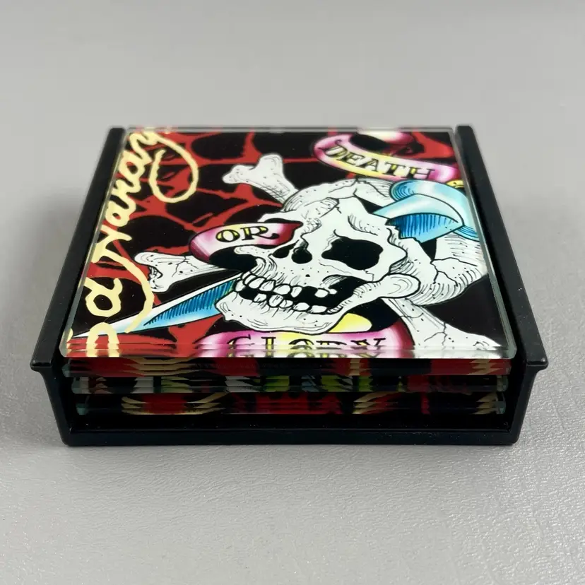 Ed Hardy Set Of 4 Death Or Glory Do Or Die Skull Crossbones 4” Drink Coasters