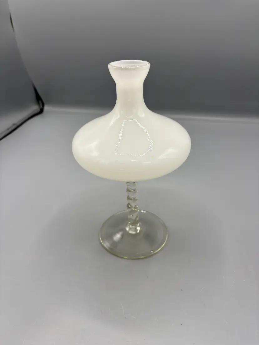 White Opalescent glass vase with a twisted stem